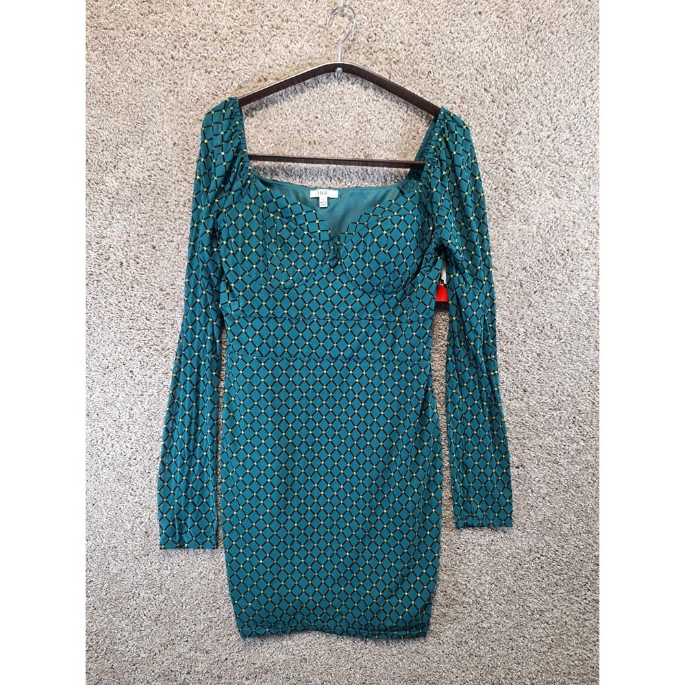 AUW Bustier Mini Dress Womens XL Green Gold Diamond Pattern Long Sleeve V Neck
